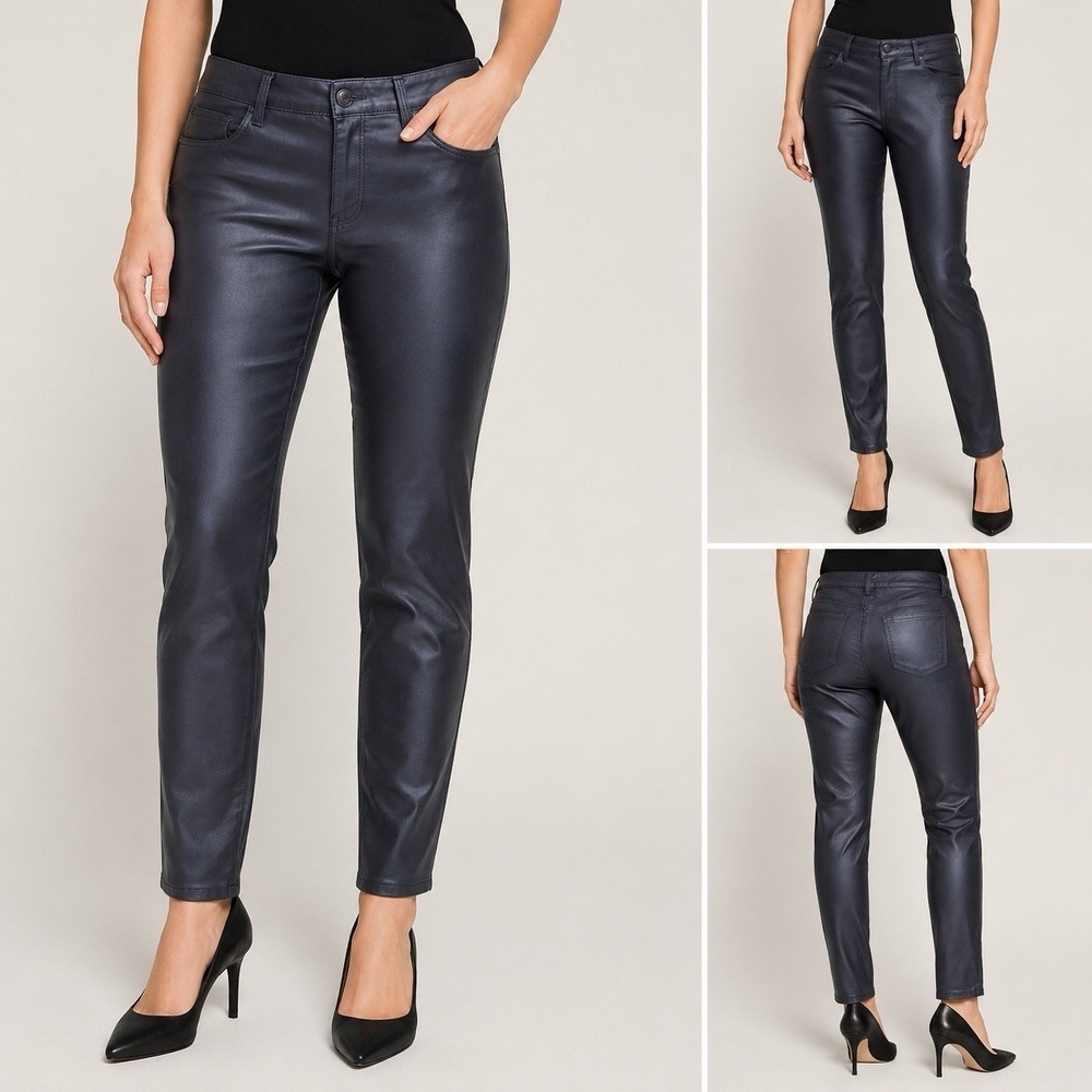 Susan Graver Jeans Coated Skinny Pants Women 10 Dark Navy Charcoal Faux Leather